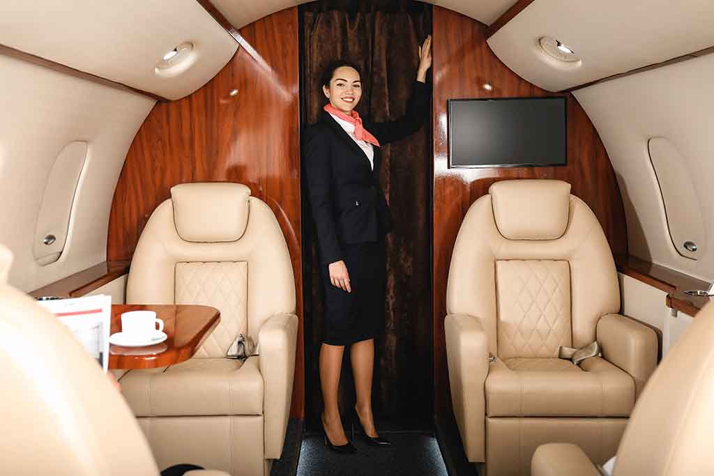 A private flight attendant stands near the back of a private jet.