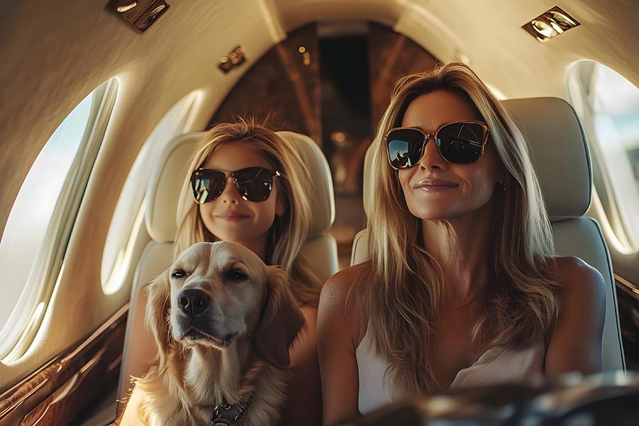 Woman and Daughter Wearing Sunglasses Sitting with Family Dog on Private Jet - Paramount