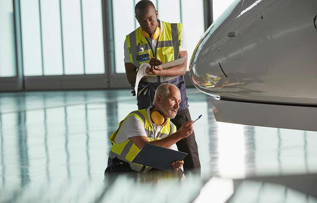 Aircraft mechanics go through private jet safety checklist