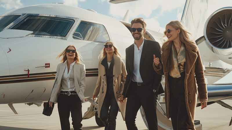Group of passengers in front of a private jet